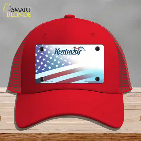 Kentucky with American Flag Novelty License Plate Hat Mesh / Red