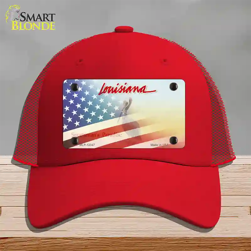 Louisiana with American Flag Novelty License Plate Hat Mesh / Red