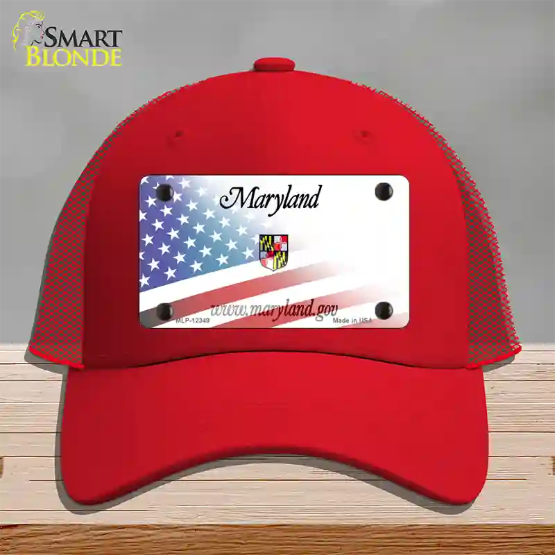 Maryland with American Flag Novelty License Plate Hat Mesh / Red