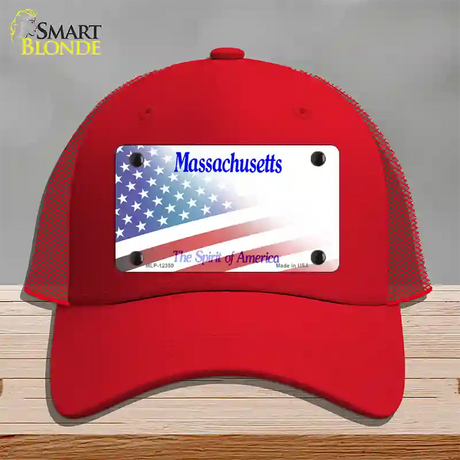 Massachusetts with American Flag Novelty License Plate Hat Mesh / Red