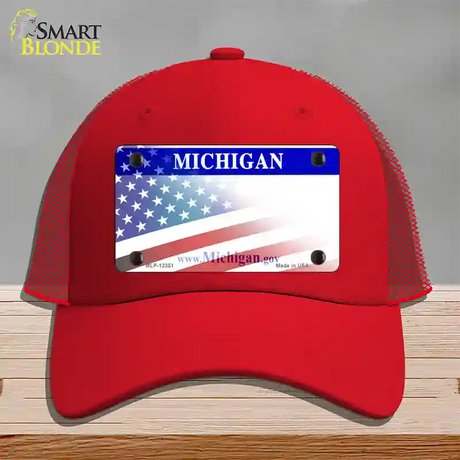 Michigan with American Flag Novelty License Plate Hat Mesh / Red