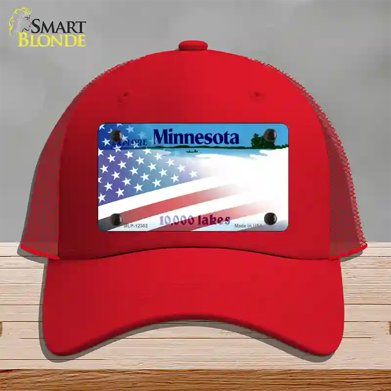 Minnesota with American Flag Novelty License Plate Hat Mesh / Red