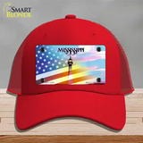 Mississippi with American Flag Novelty License Plate Hat Mesh / Red