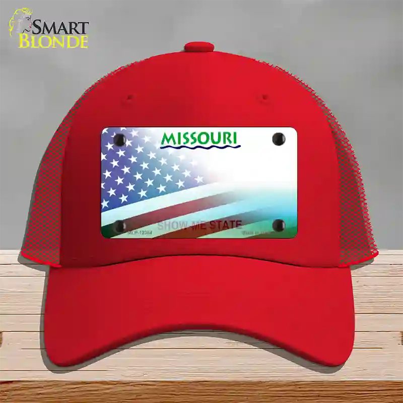 Missouri with American Flag Novelty License Plate Hat Mesh / Red