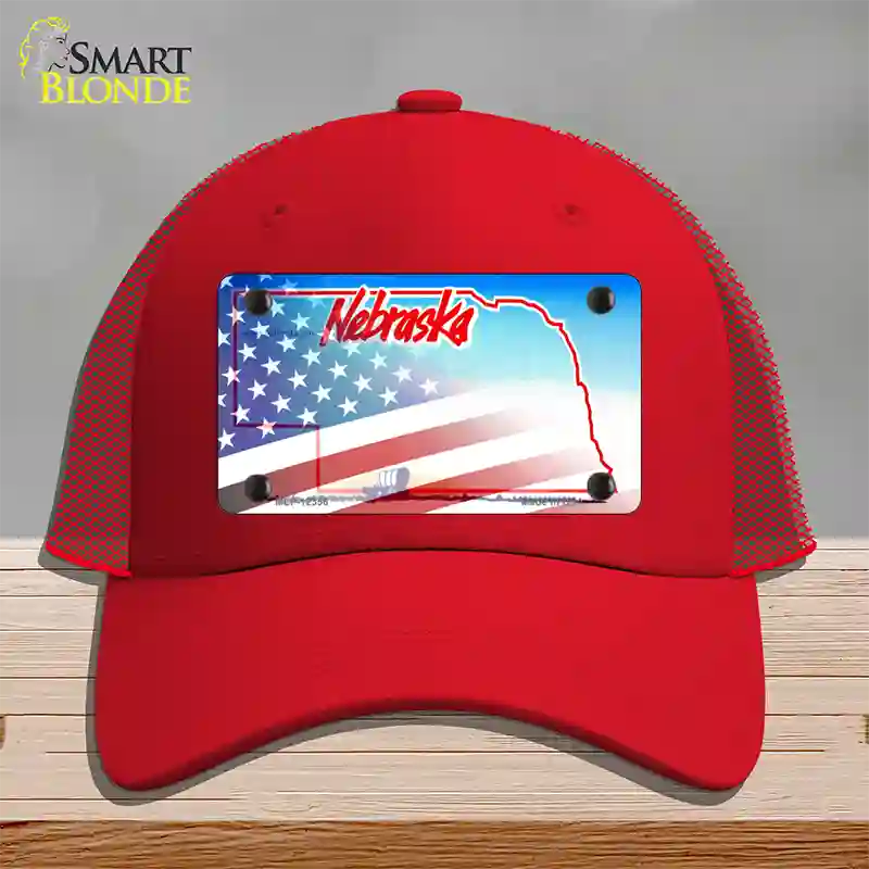 Nebraska with American Flag Novelty License Plate Hat Mesh / Red