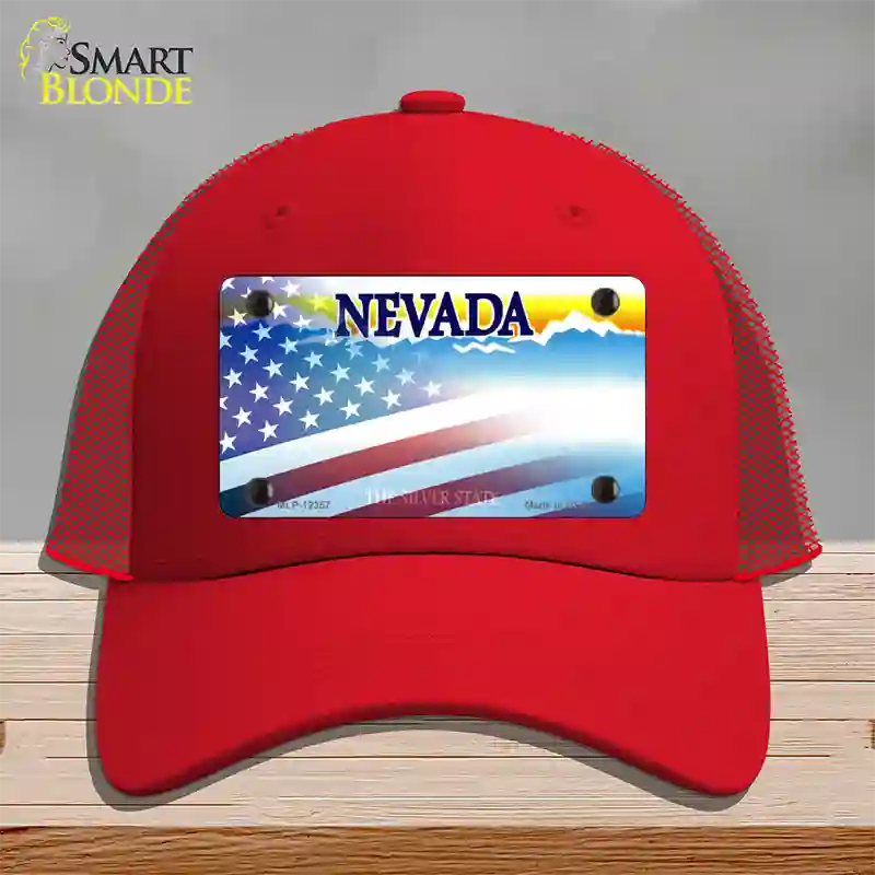 Nevada with American Flag Novelty License Plate Hat Mesh / Red