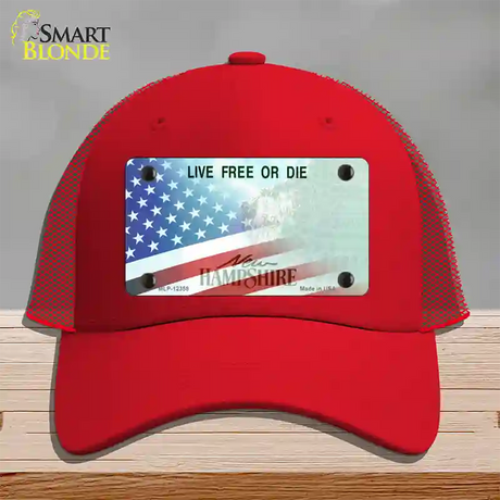 New Hampshire with American Flag Novelty License Plate Hat Mesh / Red