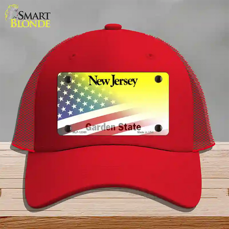 New Jersey with American Flag Novelty License Plate Hat Mesh / Red