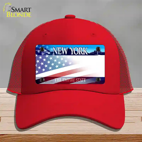 New York with American Flag Novelty License Plate Hat Mesh / Red