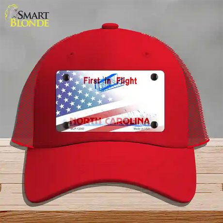 North Carolina with American Flag Novelty License Plate Hat Mesh / Red