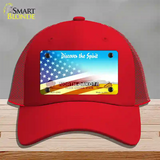 North Dakota with American Flag Novelty License Plate Hat Mesh / Red