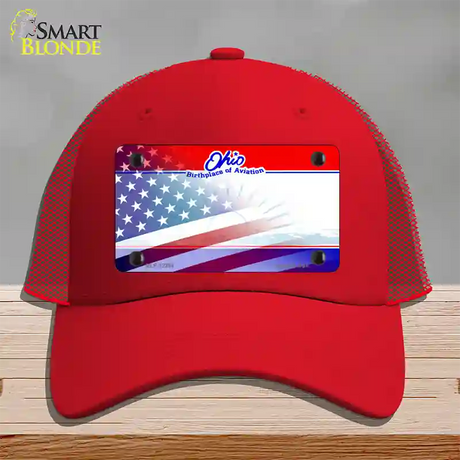 Ohio with American Flag Novelty License Plate Hat Mesh / Red