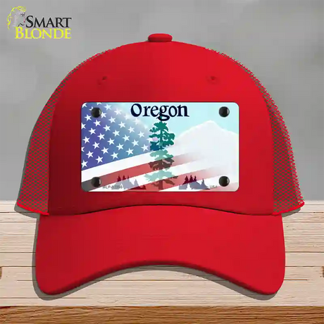 Oregon with American Flag Novelty License Plate Hat Mesh / Red