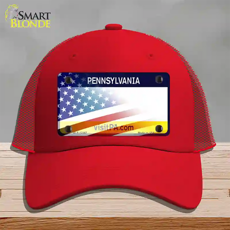 Pennsylvania with American Flag Novelty License Plate Hat Mesh / Red