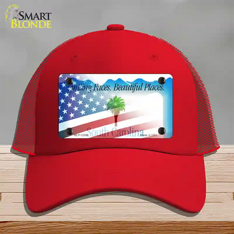 South Carolina with American Flag Novelty License Plate Hat Mesh / Red