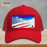 South Dakota with American Flag Novelty License Plate Hat Mesh / Red