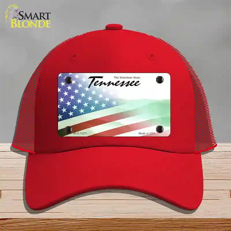 Tennessee with American Flag Novelty License Plate Hat Mesh / Red