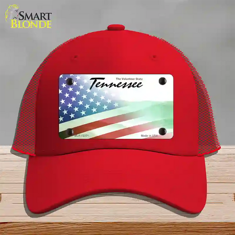 Tennessee with American Flag Novelty License Plate Hat Mesh / Red