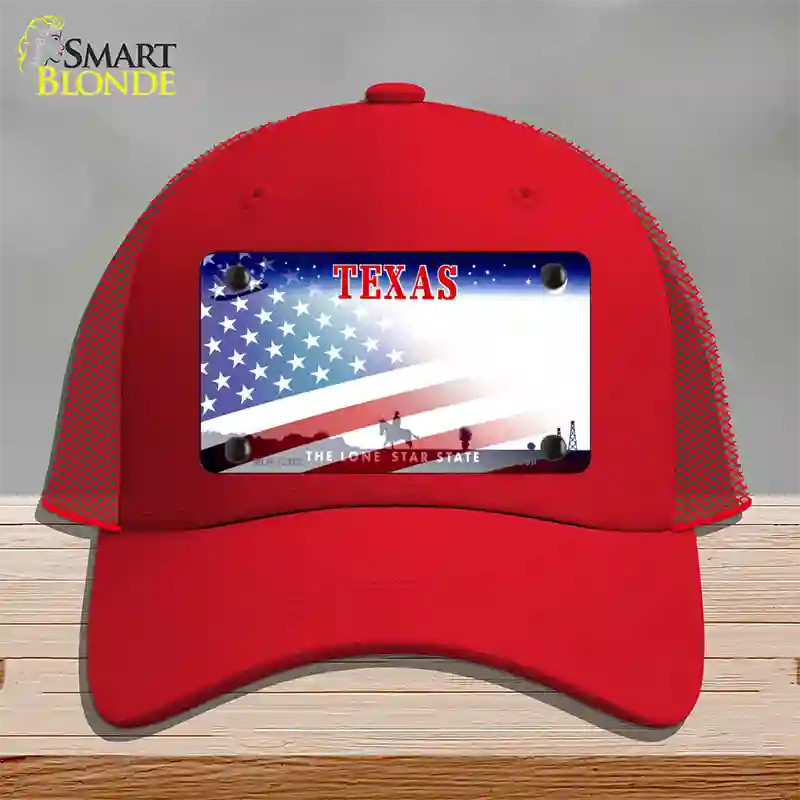 Texas with American Flag Novelty License Plate Hat Mesh / Red