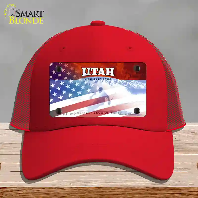 Utah with American Flag Novelty License Plate Hat Mesh / Red