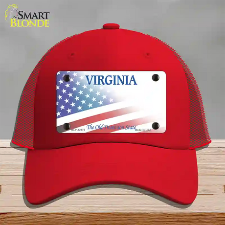 Virginia with American Flag Novelty License Plate Hat Mesh / Red