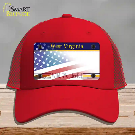 West Virginia with American Flag Novelty License Plate Hat Mesh / Red