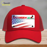 Wisconsin with American Flag Novelty License Plate Hat Mesh / Red