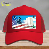 Wyoming with American Flag Novelty License Plate Hat Mesh / Red