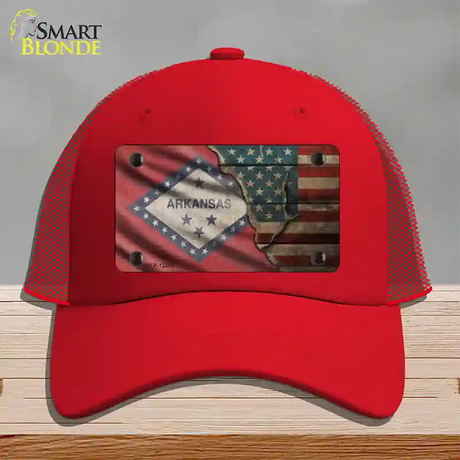 Arkansas/American Flag Novelty License Plate Hat Mesh / Red