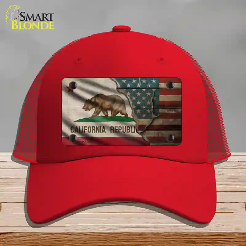 California/American Flag Novelty License Plate Hat Mesh / Red