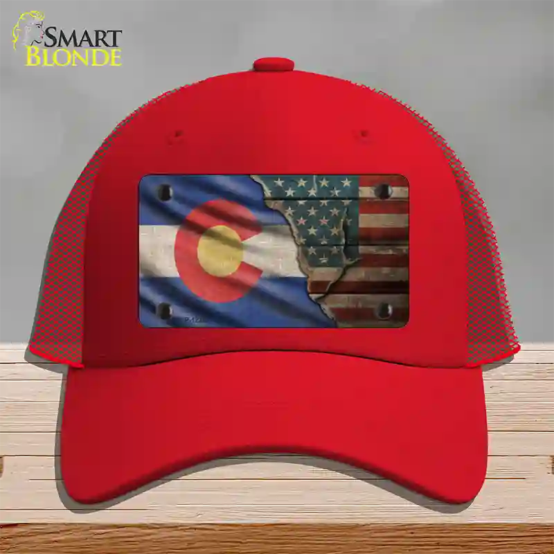 Colorado/American Flag Novelty License Plate Hat Mesh / Red