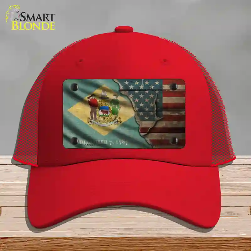 Delaware/American Flag Novelty License Plate Hat Mesh / Red