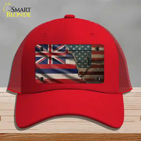 Hawaii/American Flag Novelty License Plate Hat Mesh / Red