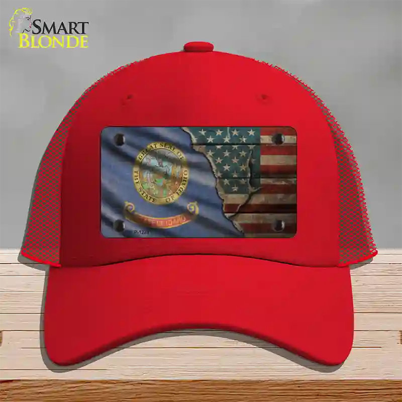 Idaho/American Flag Novelty License Plate Hat Mesh / Red