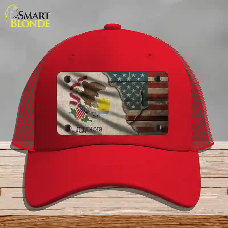 Illinois/American Flag Novelty License Plate Hat Mesh / Red