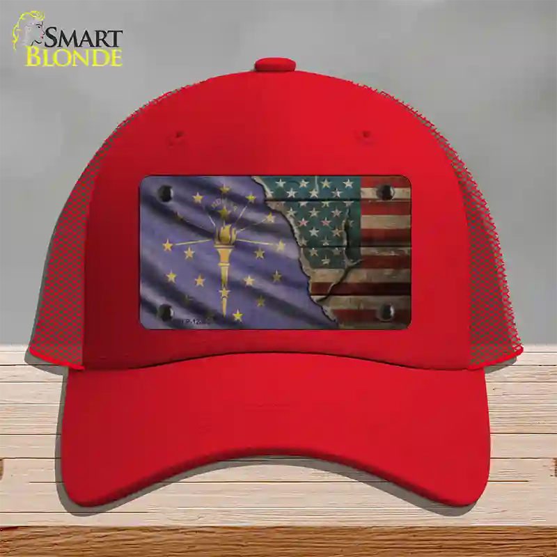 Indiana/American Flag Novelty License Plate Hat Mesh / Red