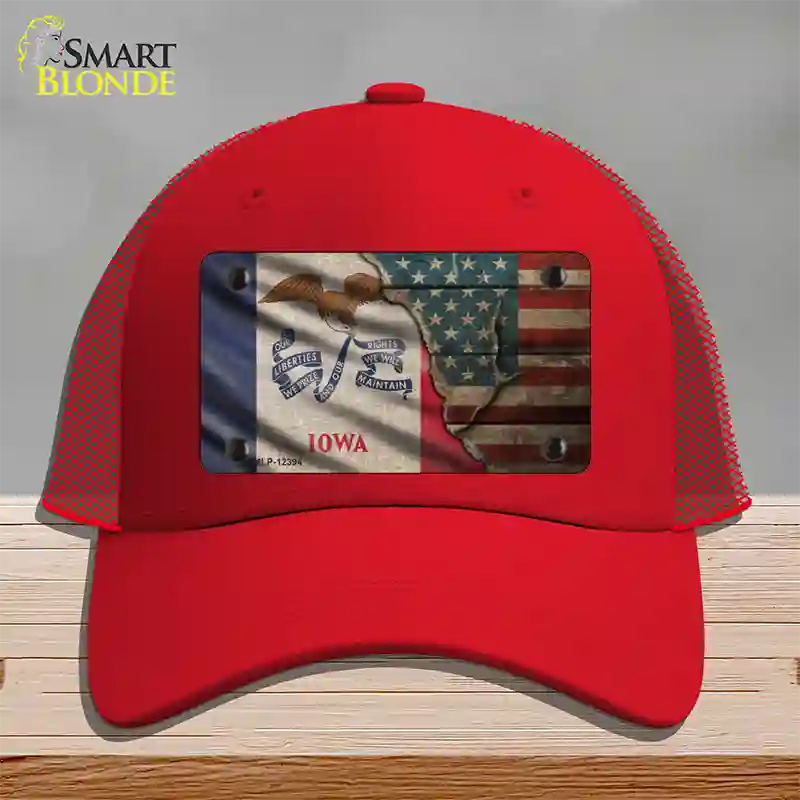 Iowa/American Flag Novelty License Plate Hat Mesh / Red