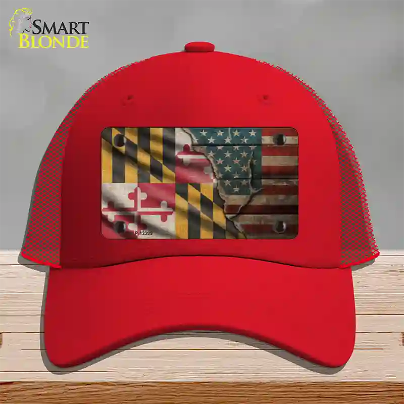 Maryland/American Flag Novelty License Plate Hat Mesh / Red