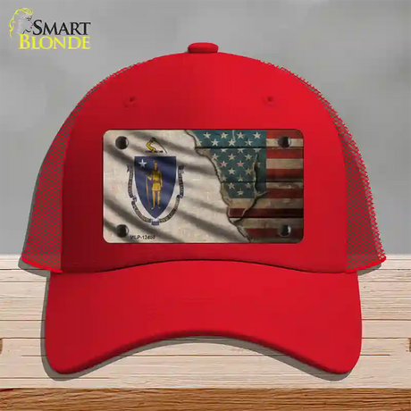 Massachusetts/American Flag Novelty License Plate Hat Mesh / Red