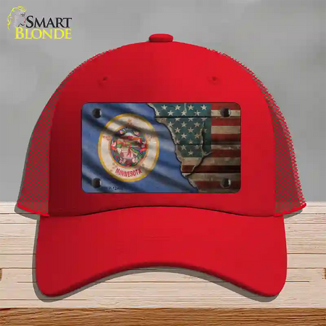 Minnesota/American Flag Novelty License Plate Hat Mesh / Red