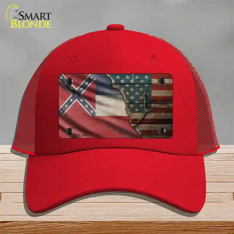 Mississippi/American Flag Novelty License Plate Hat Mesh / Red