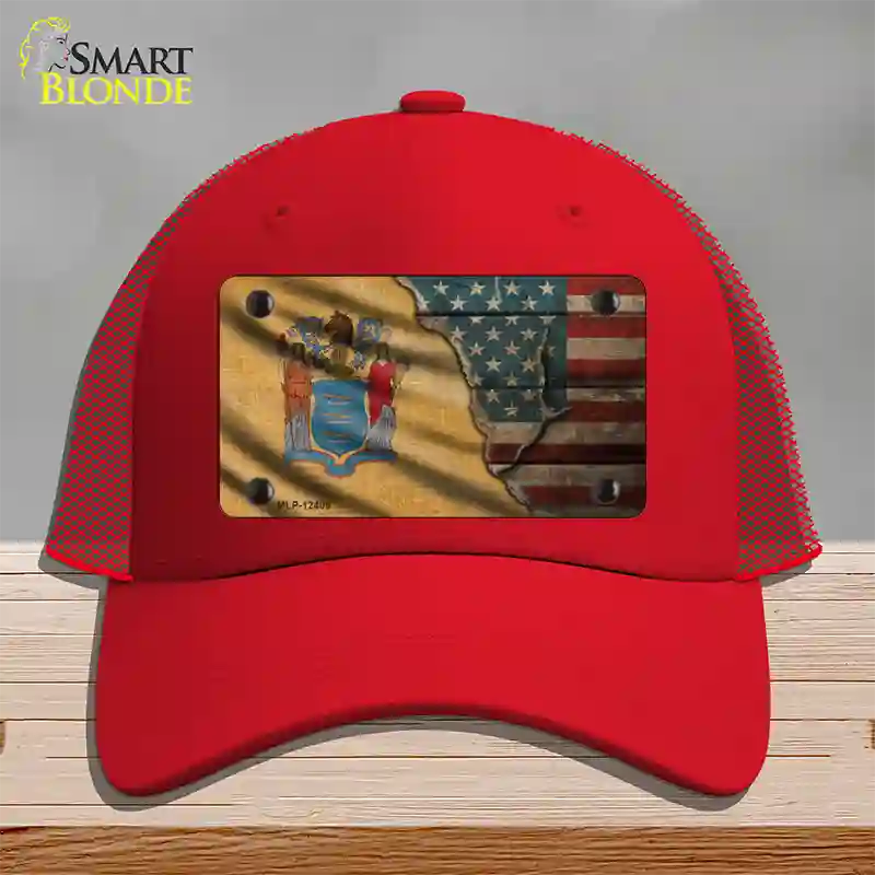 New Jersey/American Flag Novelty License Plate Hat Mesh / Red