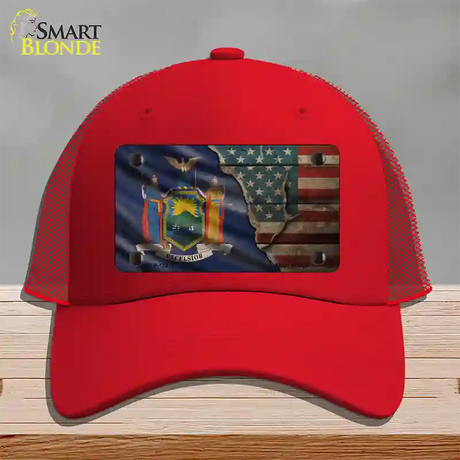 New York/American Flag Novelty License Plate Hat Mesh / Red