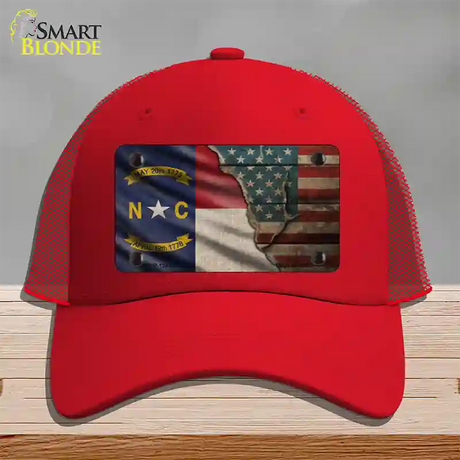 North Carolina/American Flag Novelty License Plate Hat Mesh / Red