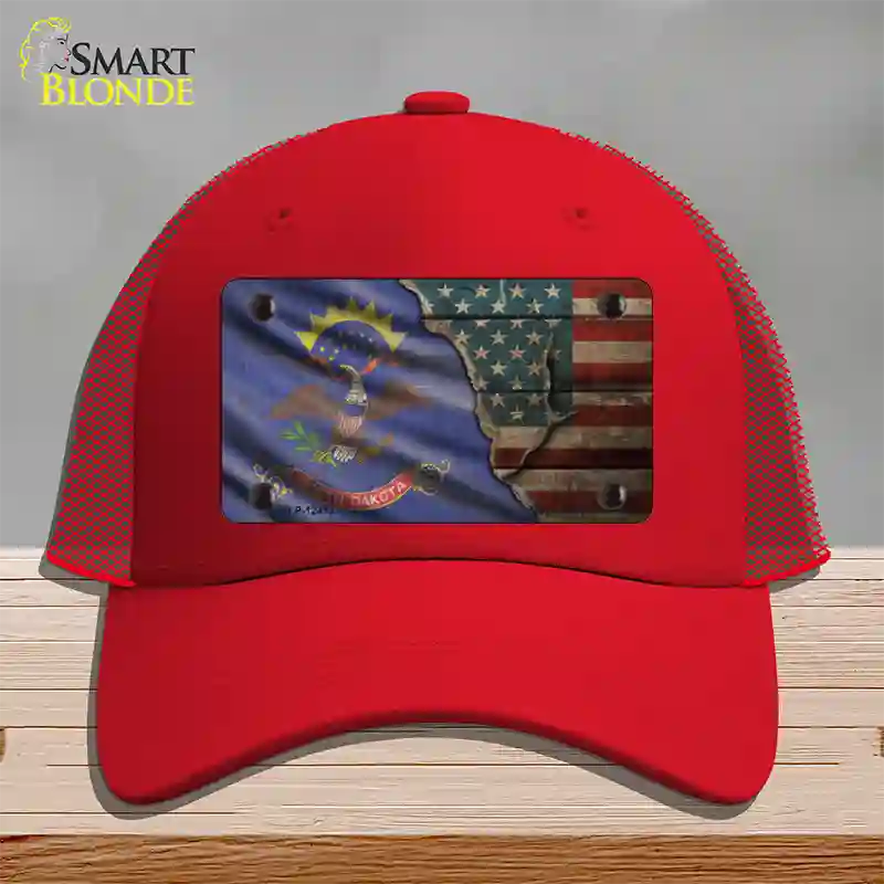 North Dakota/American Flag Novelty License Plate Hat Mesh / Red