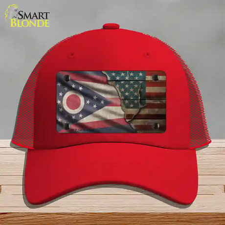 Ohio/American Flag Novelty License Plate Hat Mesh / Red