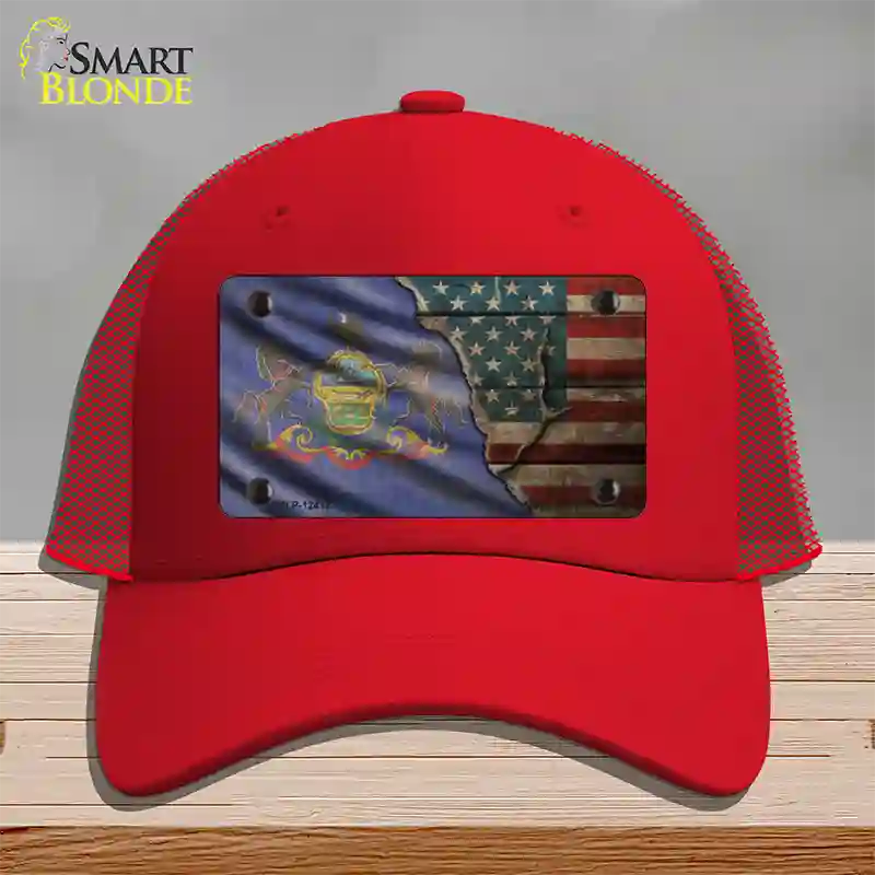 Pennsylvania/American Flag Novelty License Plate Hat Mesh / Red