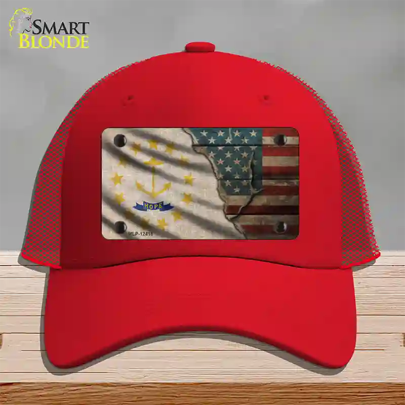 Rhode Island/American Flag Novelty License Plate Hat Mesh / Red