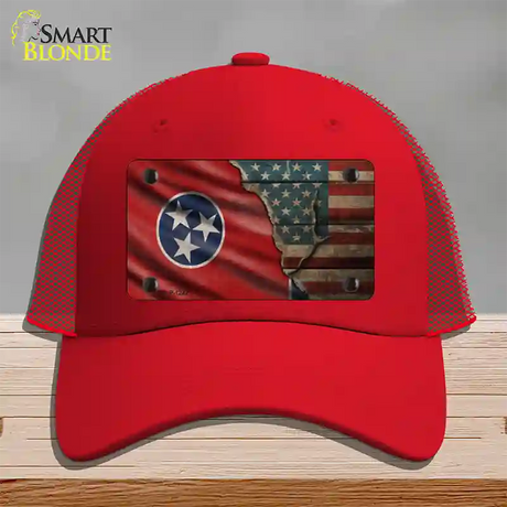 Tennessee/American Flag Novelty License Plate Hat Mesh / Red