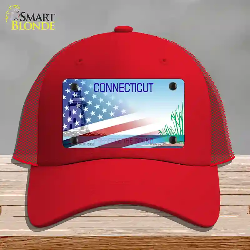 Connecticut Preserve with American Flag Novelty License Plate Hat Mesh / Red